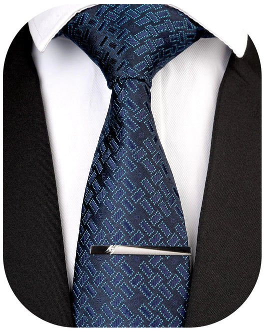 SILKEVIN Men's Navy Blue Silk Tie & Clip Set for Formal Occasions