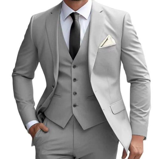 Slim-Fit Grey Tuxedo Suit Set - Blazer, Vest, and Pants for Men